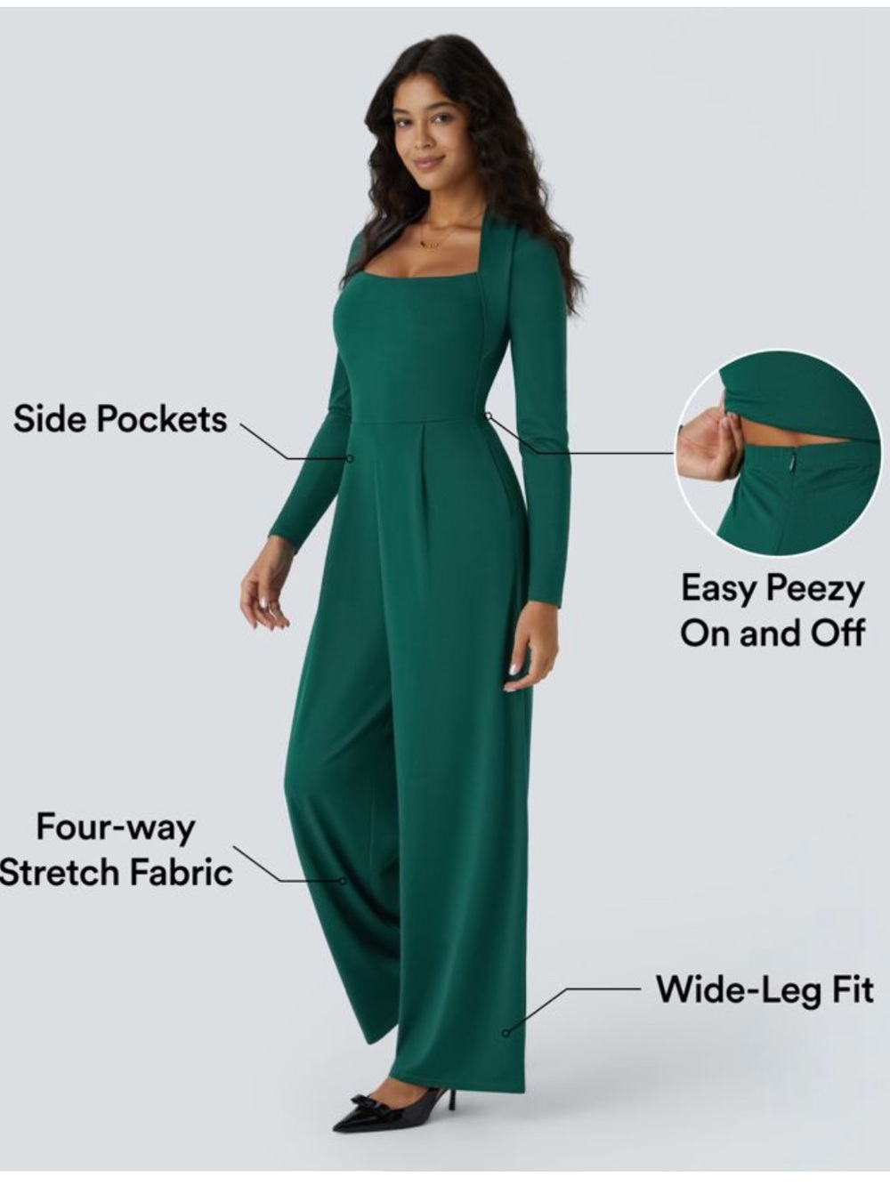 HALARA Emerald Green Wide-Leg Jumpsuit with Square Neck